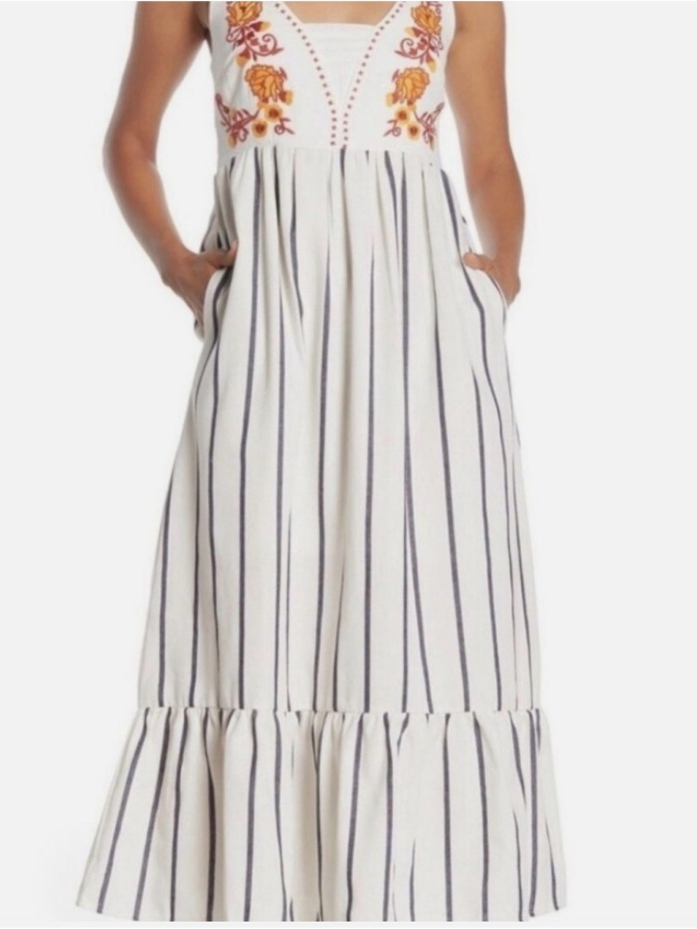 MELLODAY White Maxi Dress with Navy Stripes and Orange Floral Embroidery